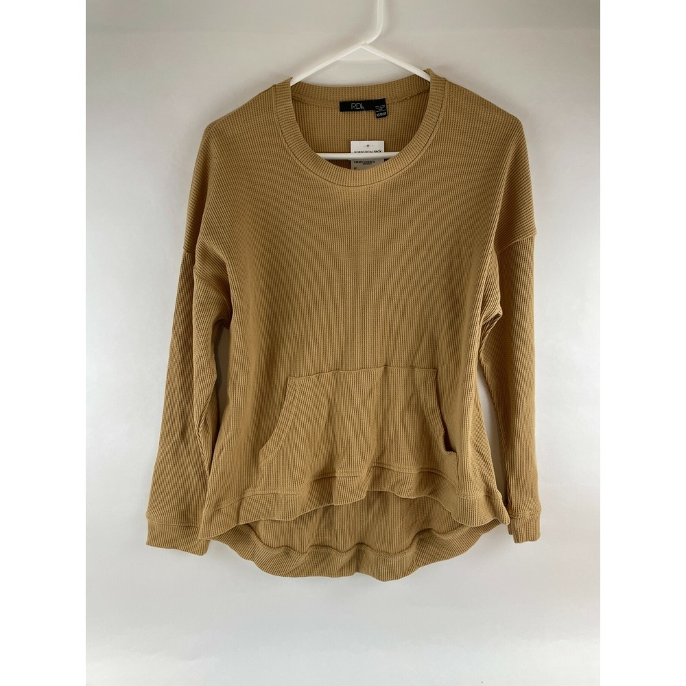 RDI Shirt Women's Size XS Tan Round Neck Long Sleeve Front Pocket Waffle Knitted
